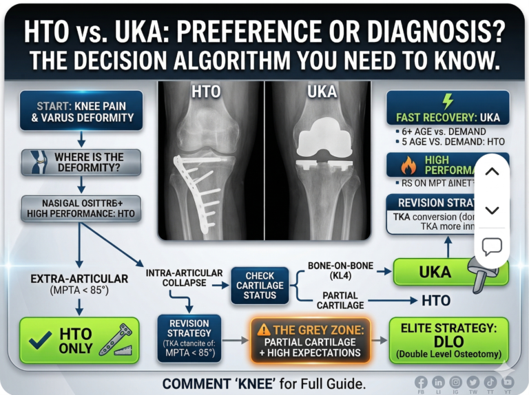 Compare **HTO vs UKA for medial knee osteoarthritis** based on deformity origin, cartilage wear, age, and implant longevity. Learn how to choose the right surgical strategy with evidence-based insights.