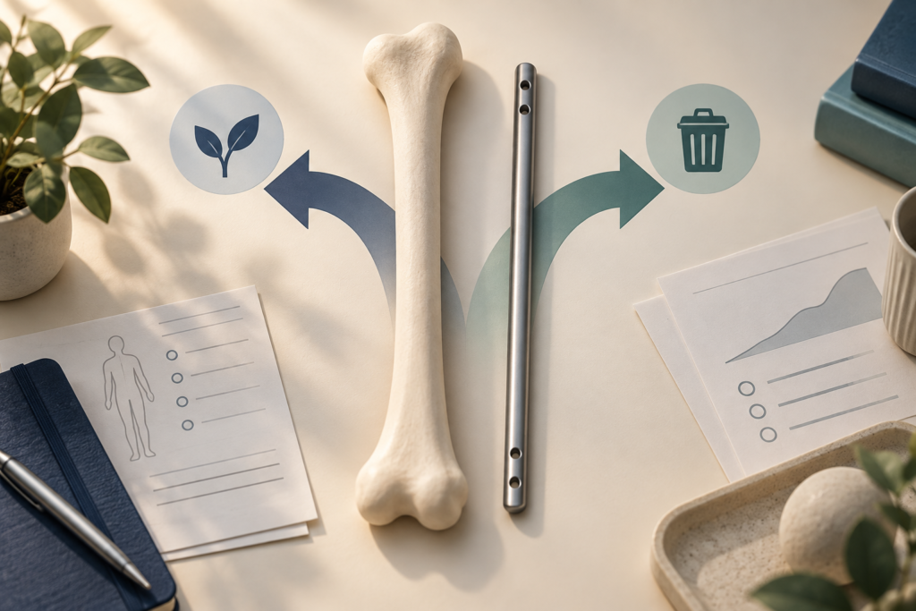 Conceptual illustration of a long bone beside an intramedullary rod and two decision paths.