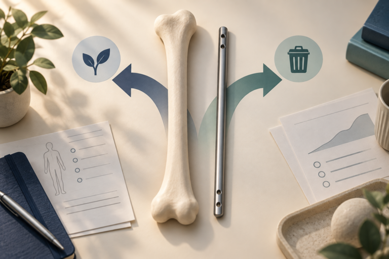 Conceptual illustration of a long bone beside an intramedullary rod and two decision paths.