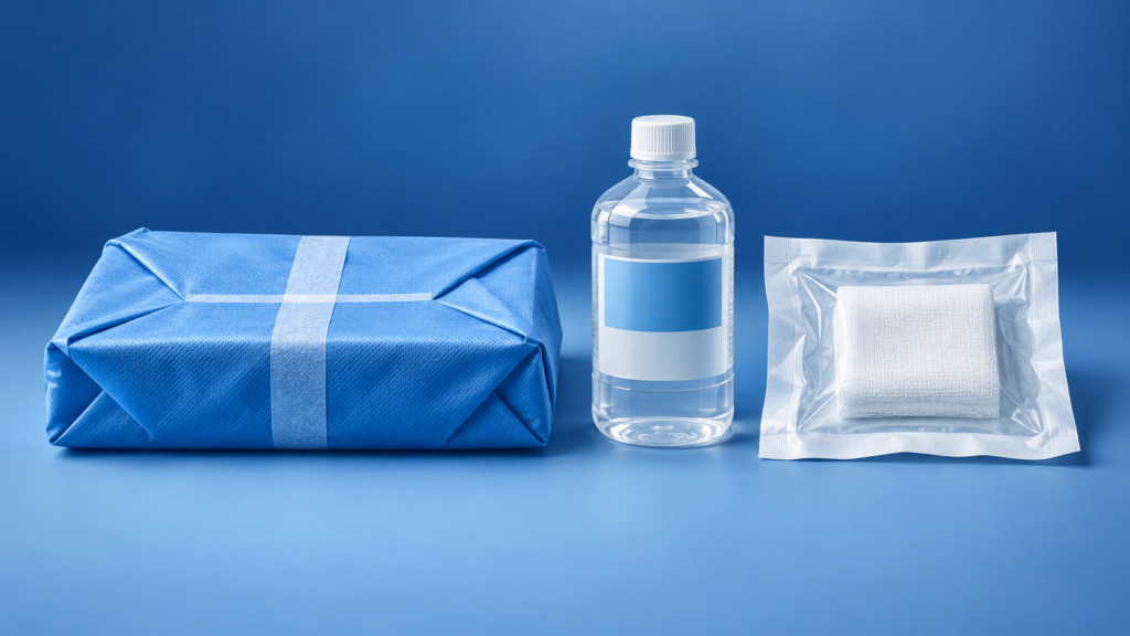 Concept illustration of a wrapped instrument tray, capped saline bottle, and sealed gauze pouch.