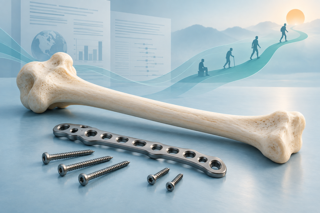 Conceptual illustration of bone, fixation hardware and a recovery pathway.