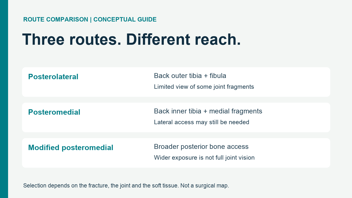 Comparison of posterior tibial exposure routes and their key limits.