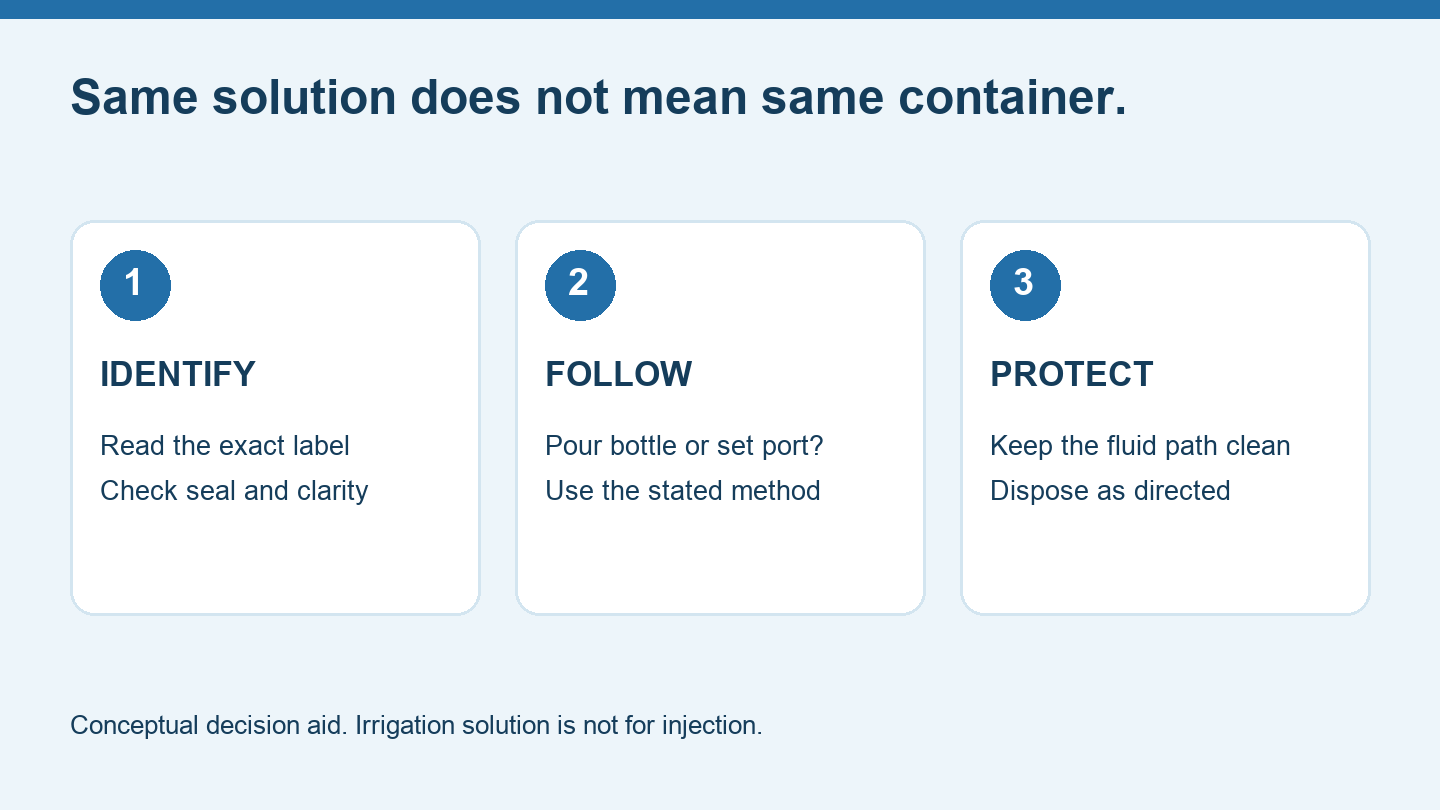 Saline transfer decision: identify the container, follow its label, protect the fluid path.