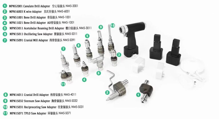 Orthopedic power handpiece and adapters for the osteotome vs oscillating saw comparison.