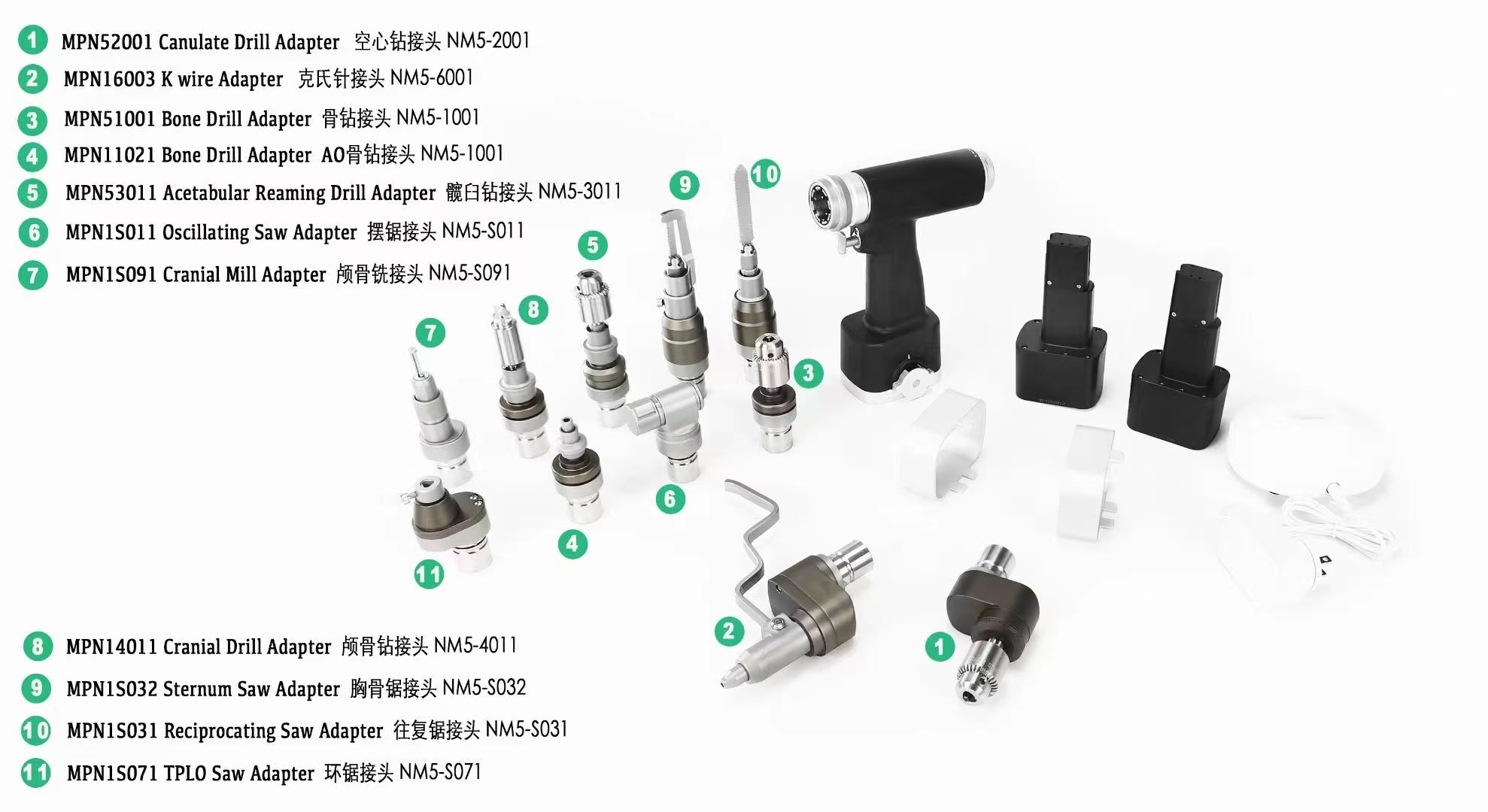 Orthopedic power handpiece and adapters for the osteotome vs oscillating saw comparison.