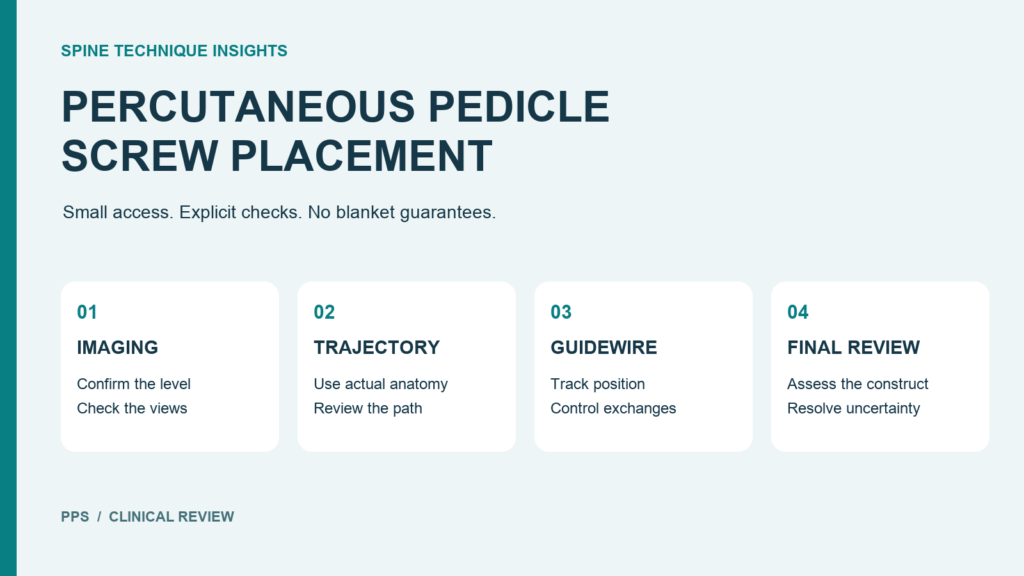 Percutaneous pedicle screw placement: imaging, trajectory, guidewire control and final review