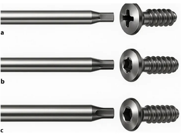 Orthopedic hardware removal: different screw recesses and matching driver tips from the source illustrations.
